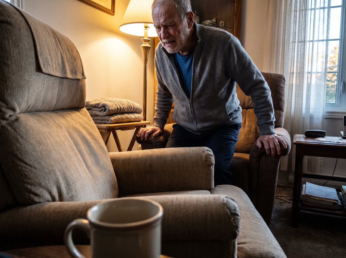 Il se relève de son fauteuil en poussant sur les deux bras, vu depuis l'autre fauteuil