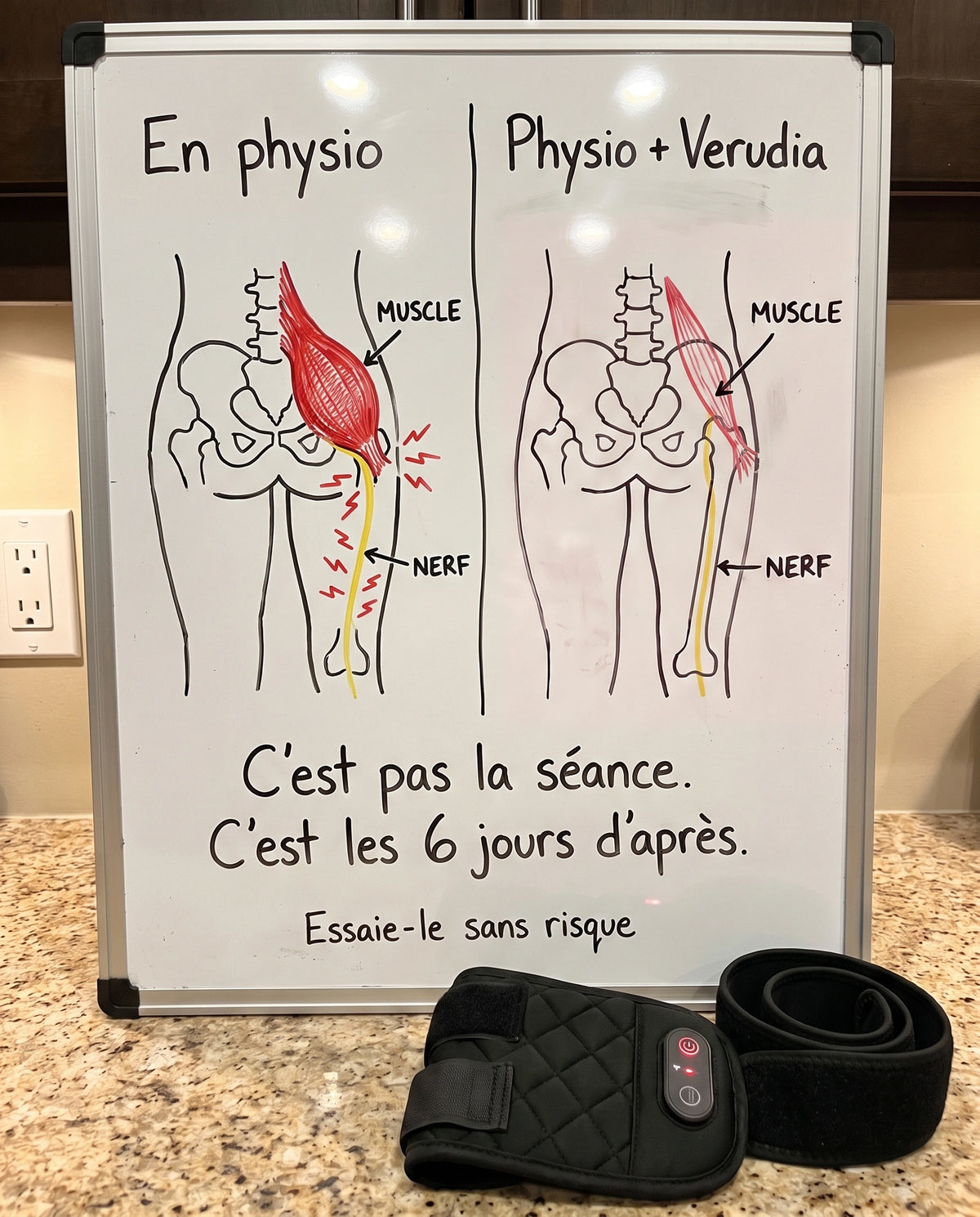 Un tableau blanc sur le comptoir de la cuisine : « En physio » à gauche, « Physio + Verudia » à droite, le muscle et le nerf dessinés au feutre, et en dessous « C'est pas la séance. C'est les 6 jours d'après. »