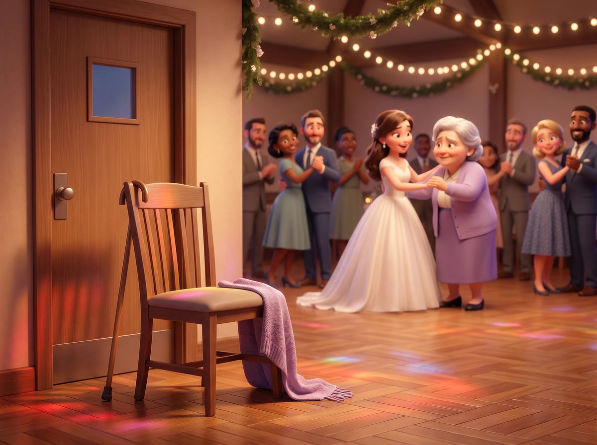 Au mariage, la chaise près de la porte est vide, la canne au dossier, le châle tombé par terre ; au fond, la mariée et sa grand-mère commencent à danser