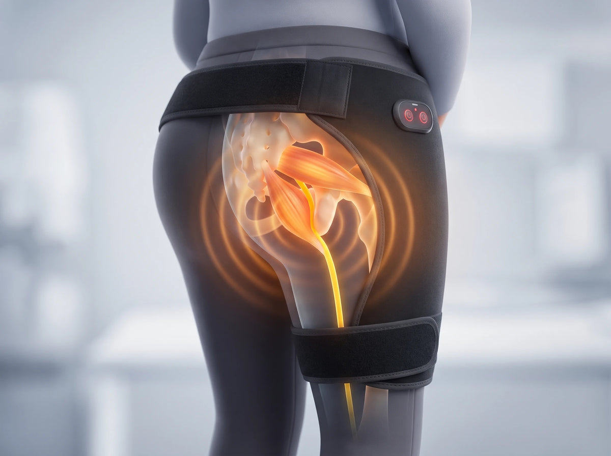 Vue 3D : l'appareil sur la hanche, des ondes de chaleur ; le muscle relâché, le nerf jaune libre