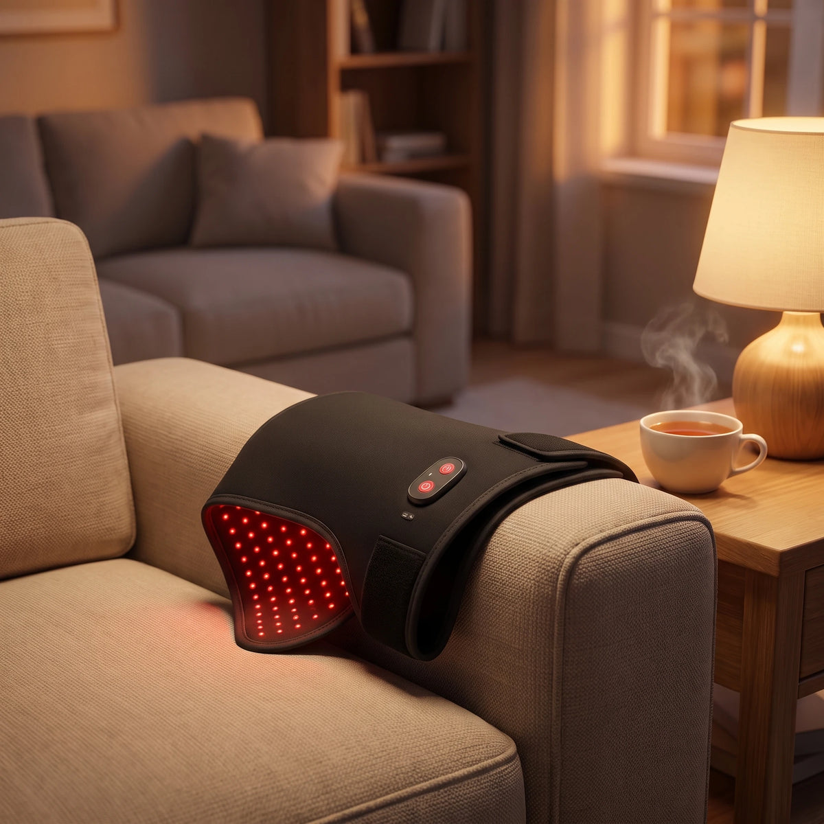 Le Masseur de hanche 4-en-1 Verudia posé sur le bras d'un fauteuil, les petites lumières rouges de la face intérieure allumées