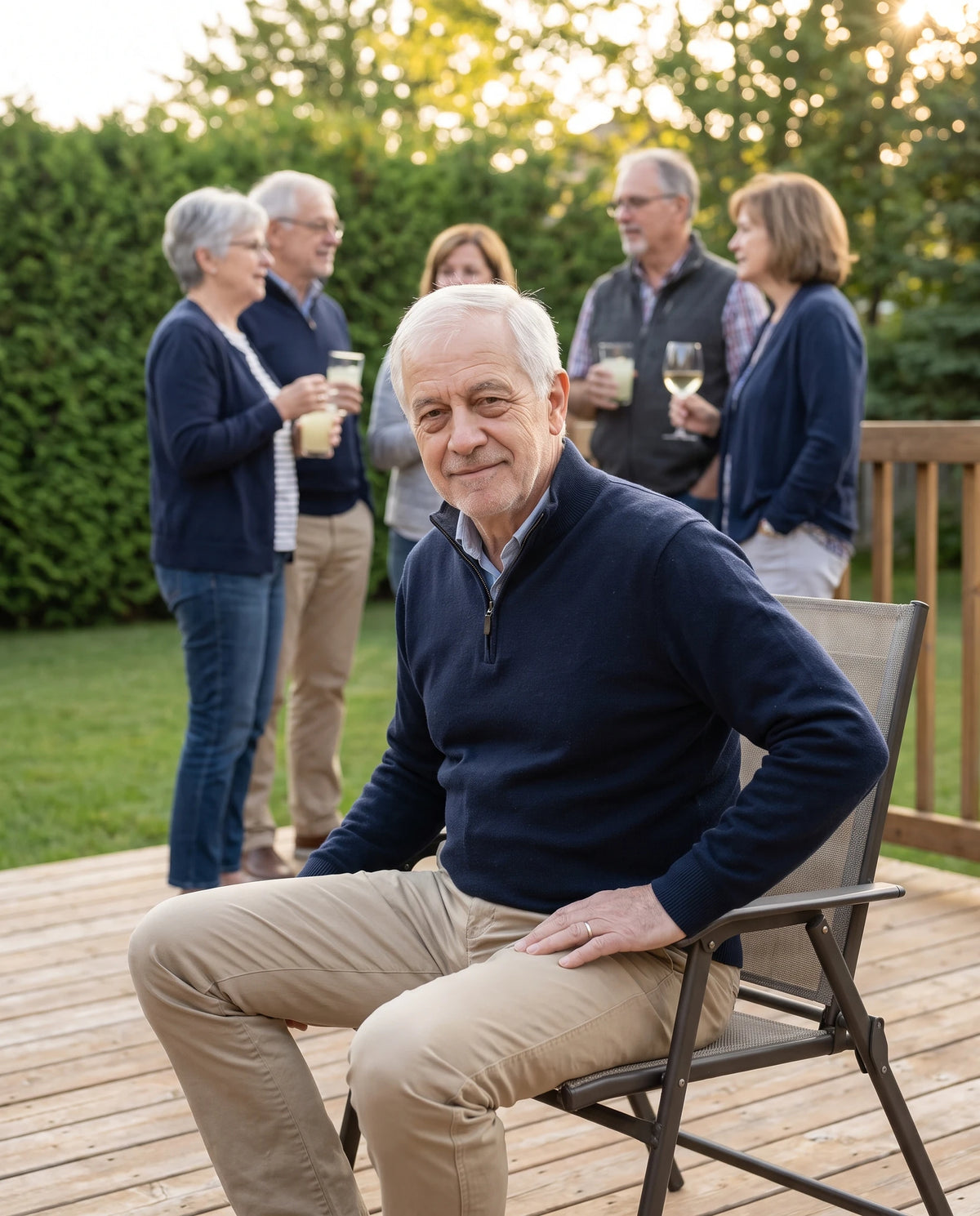 Chez sa fille, l'été : tout le monde debout, un verre à la main ; lui, le seul assis, la main sur le haut de la cuisse