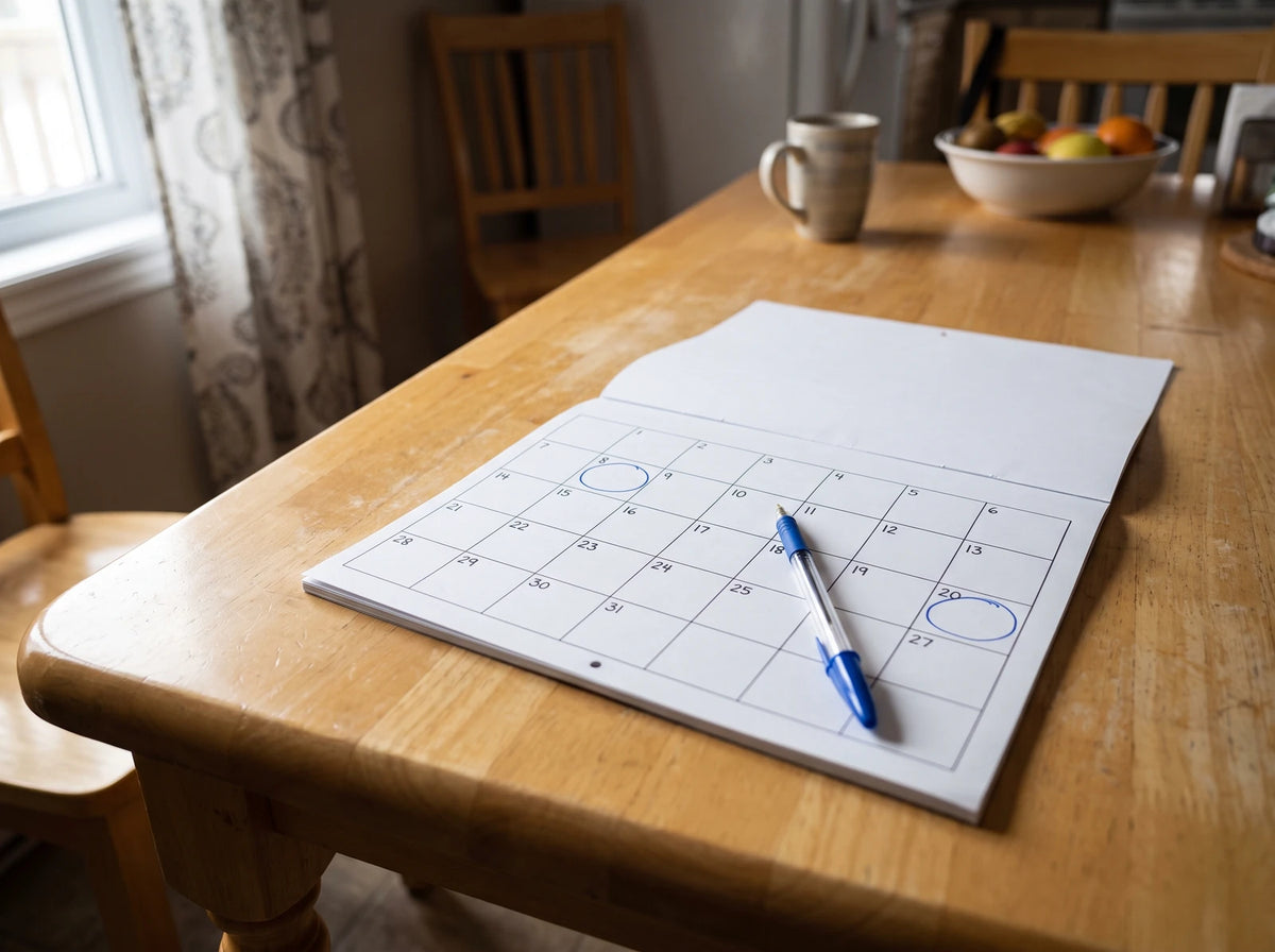 Sur la table de la cuisine, un calendrier où deux dates sont encerclées au stylo bleu, à quelques semaines d'écart