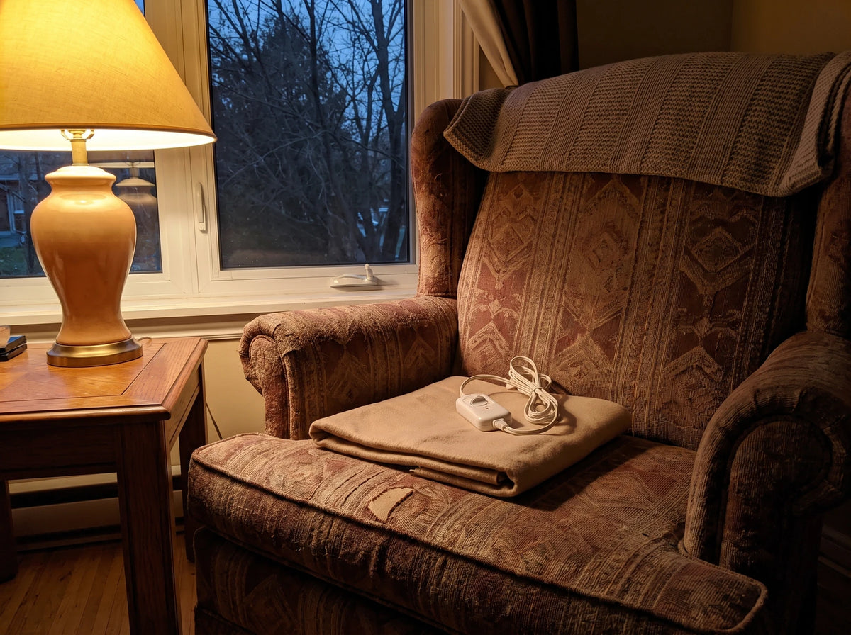 Le soir, dans un fauteuil fleuri, un coussin chauffant plié avec sa manette et son fil