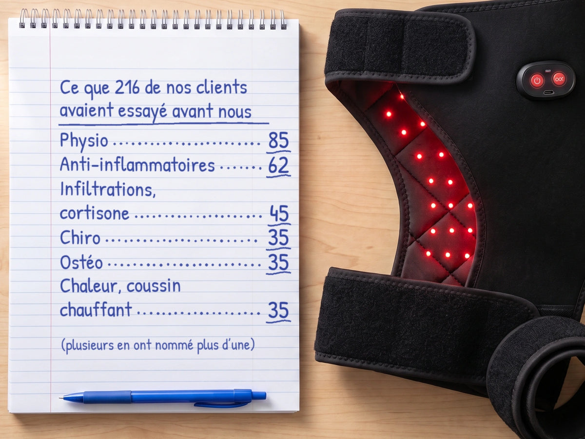 Sur la table de la cuisine, une page de calepin écrite au stylo bleu : « Ce que 216 de nos clients avaient essayé avant nous » — Physio 85, Anti-inflammatoires 62, Infiltrations, cortisone 45, Chiro 35, Ostéo 35, Chaleur, coussin chauffant 35 — et à côté, l'appareil, ses lumières rouges allumées
