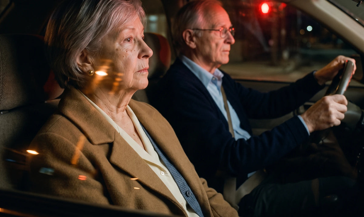 Dans le char, de nuit : elle, le regard au loin, les reflets des lampadaires sur la joue ; lui au volant, les deux mains dessus