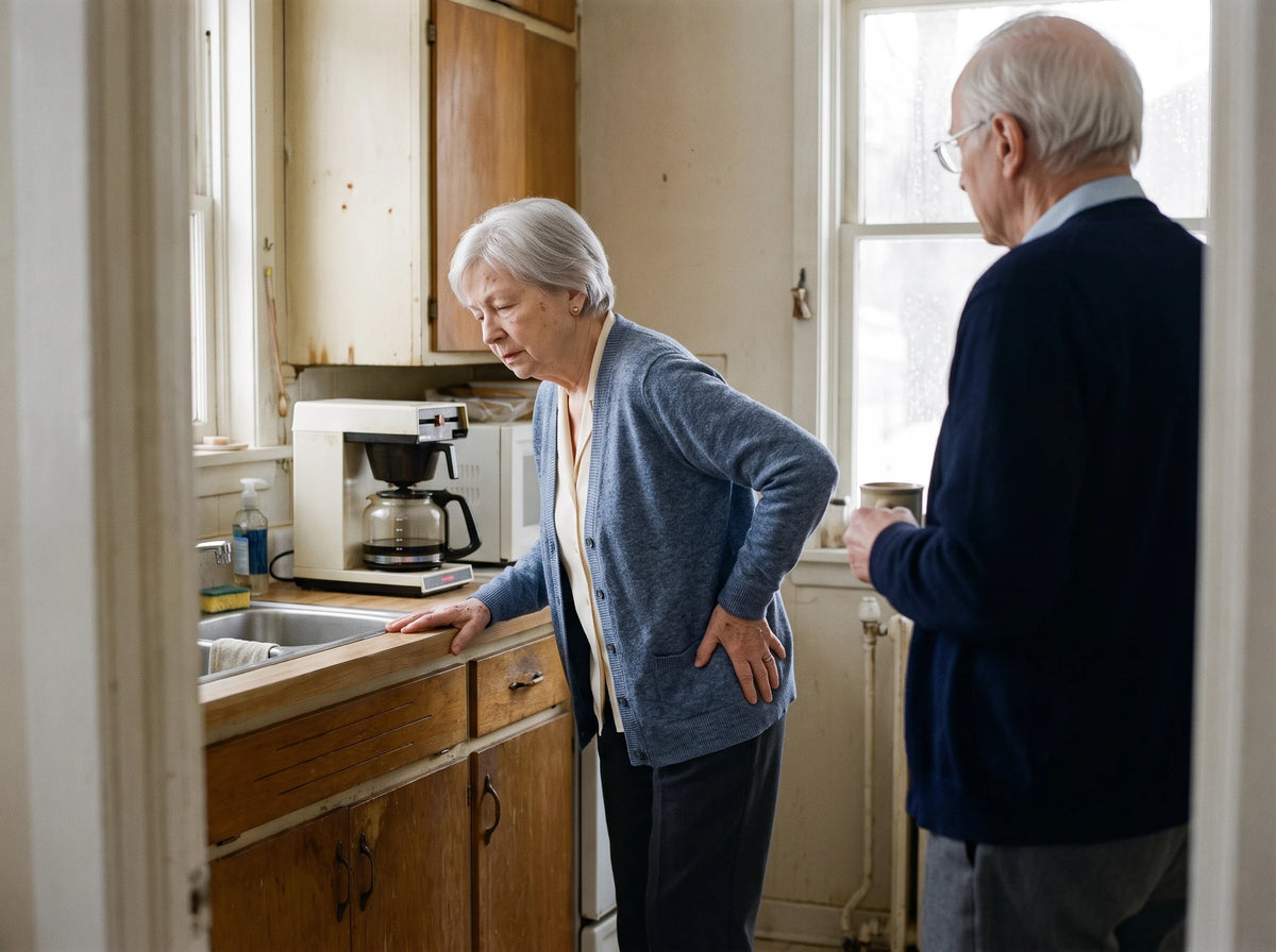 Le matin, dans la cuisine : elle se tient au comptoir, l'autre main en arrière, à attendre que ça passe ; lui la regarde de la porte, sa tasse à la main