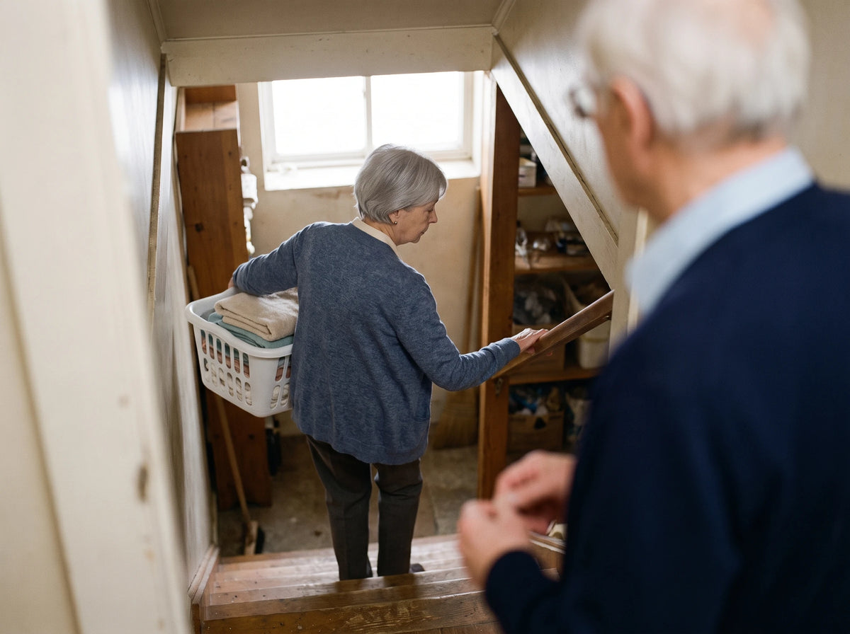 Elle descend l'escalier du sous-sol avec le panier de linge, une main sur la rampe ; lui la regarde d'en haut, les mains vides