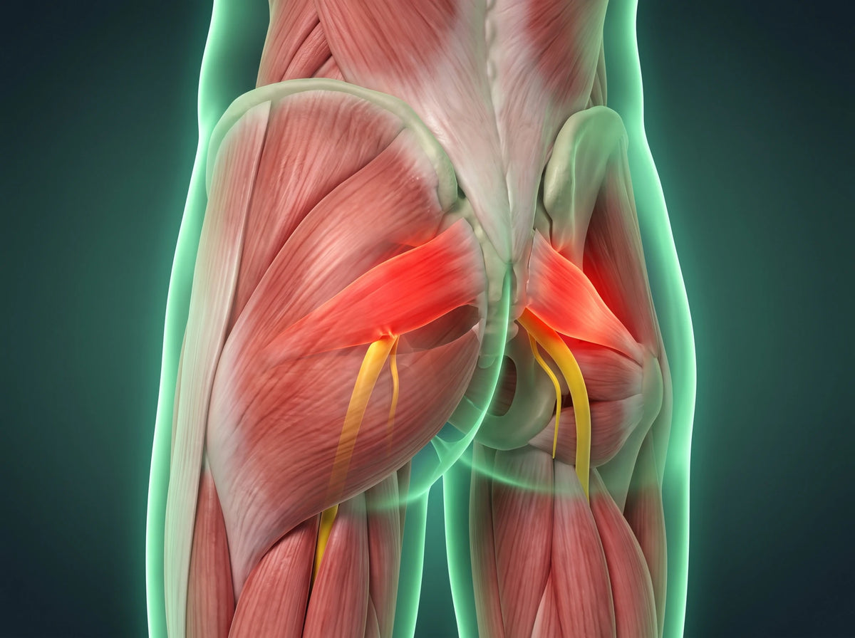 Vue 3D, de dos : au fond de la fesse, sous le gros muscle, un petit muscle rouge serré sur le nerf jaune