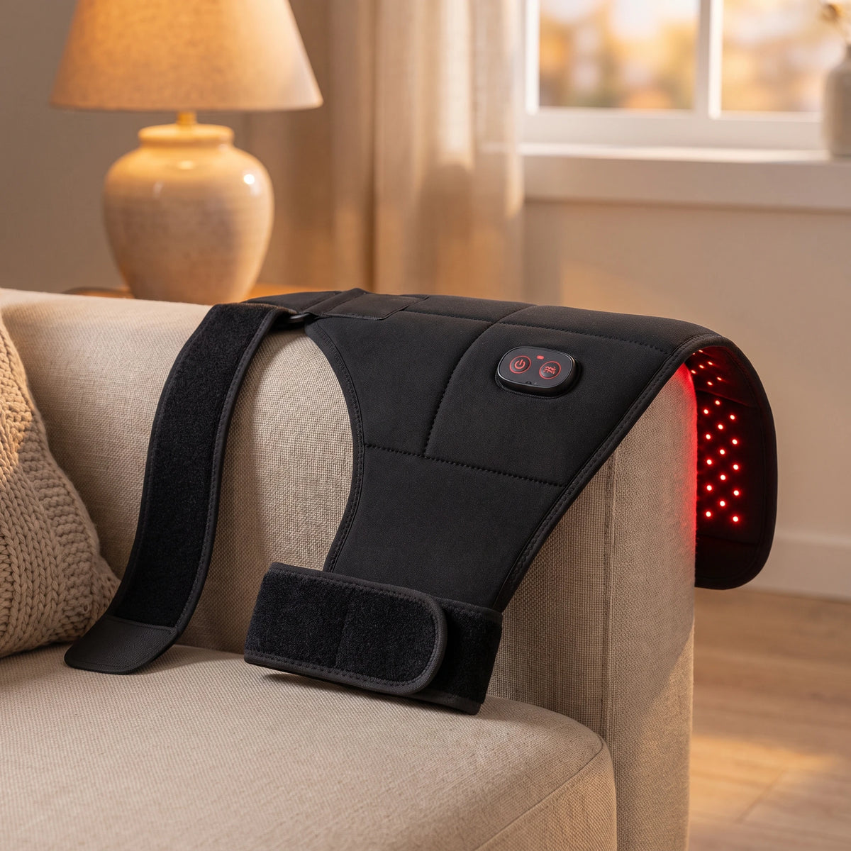 Le Masseur de hanche 4-en-1 Verudia posé sur le bras d'un fauteuil, les petites lumières rouges de la face intérieure allumées