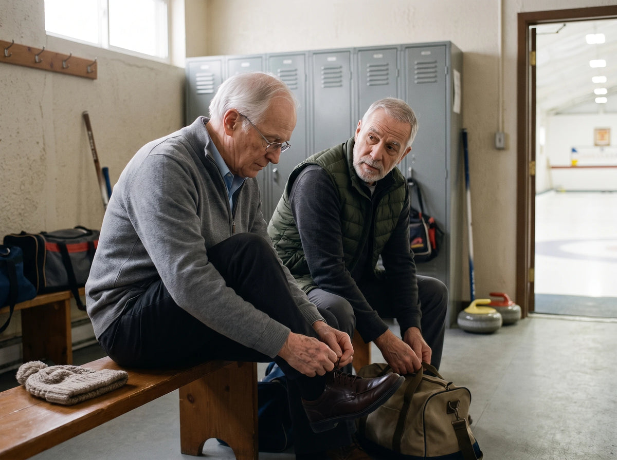 Dans le vestiaire du club de curling : il délace ses souliers sur le banc ; à côté, Raymond, un homme de son âge, se tourne vers lui pour lui poser une question