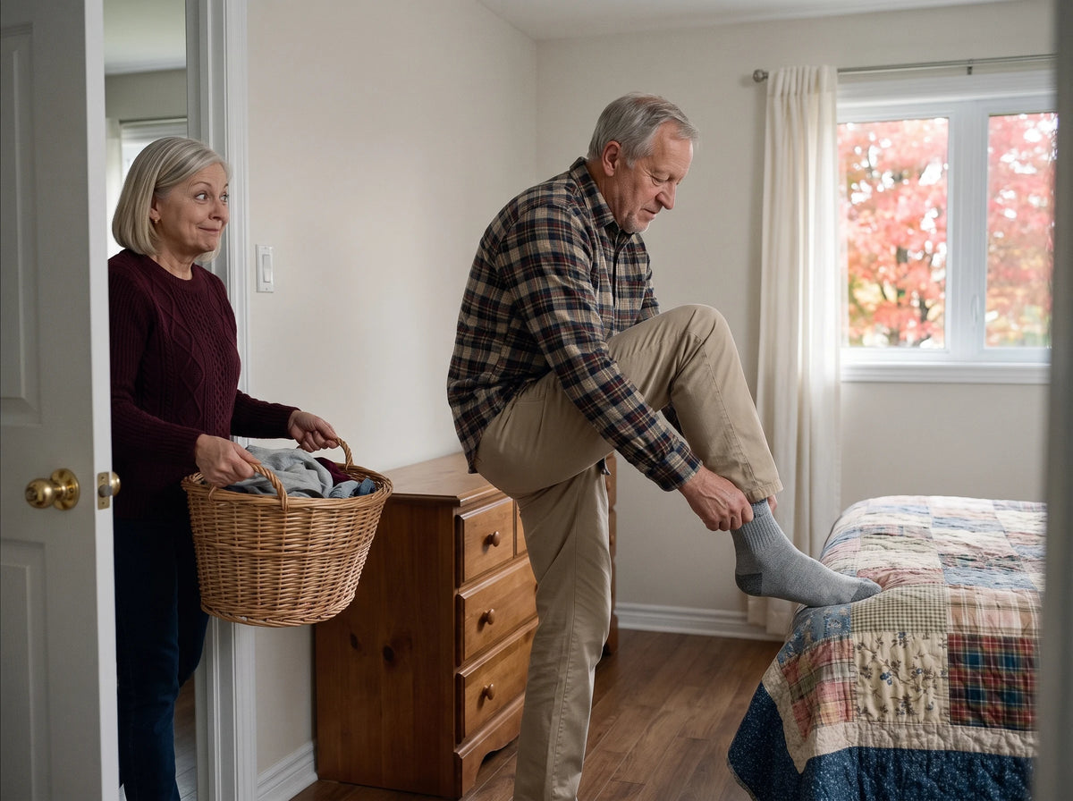 Le matin, dans la chambre, Jacques met son bas droit debout sur un pied, à côté de la commode ; Lucie s'arrête dans la porte, une brassée de linge dans les bras, surprise