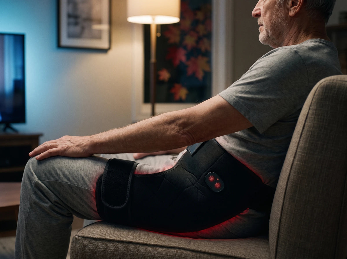 Le soir, dans son fauteuil devant la télé, le masseur sanglé sur la hanche droite par-dessus son pantalon mince, une lueur rouge au bord ; il respire, tranquille