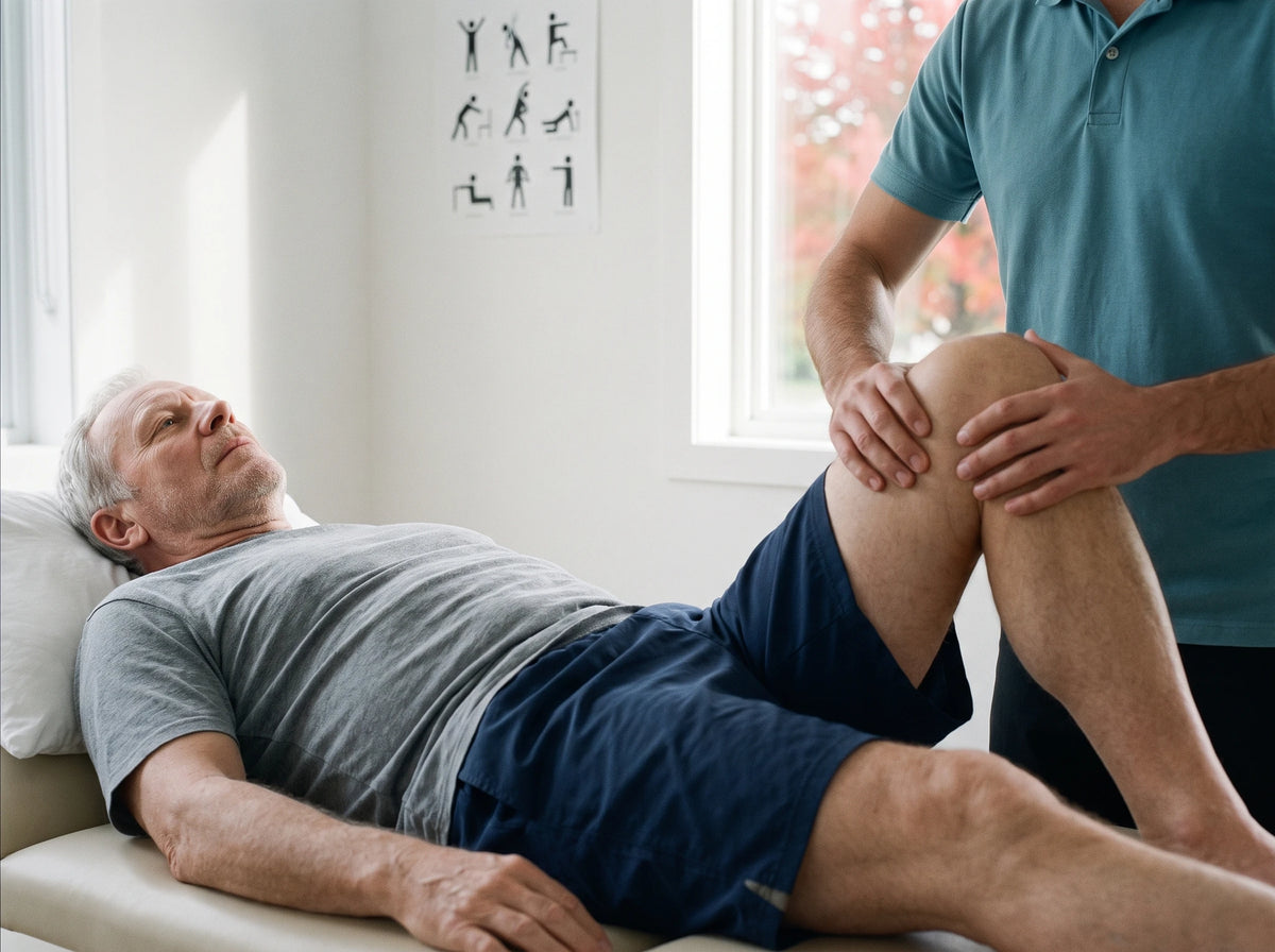 Sur la table de traitement, des mains en polo font tourner sa jambe droite ; il regarde le plafond, patient