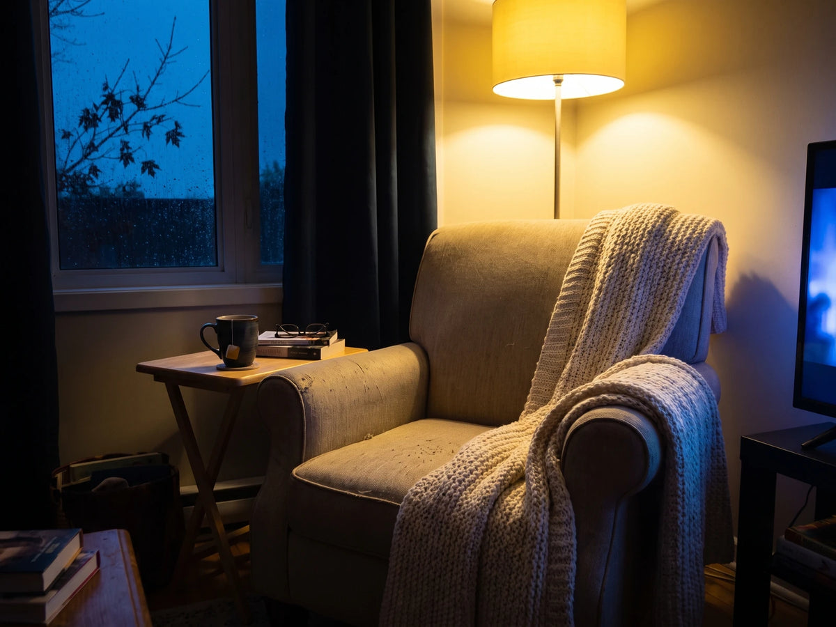 Le soir, un fauteuil beige sous la lampe allumée, une tasse de thé et des lunettes à côté, la lueur de la télé