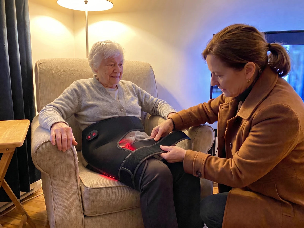 Le soir, dans son fauteuil, une dame aux cheveux blancs ; une femme plus jeune, le manteau encore sur le dos, ferme au velcro la sangle du masseur posé sur le côté de sa hanche, par-dessus son pantalon mince, les lumières rouges allumées