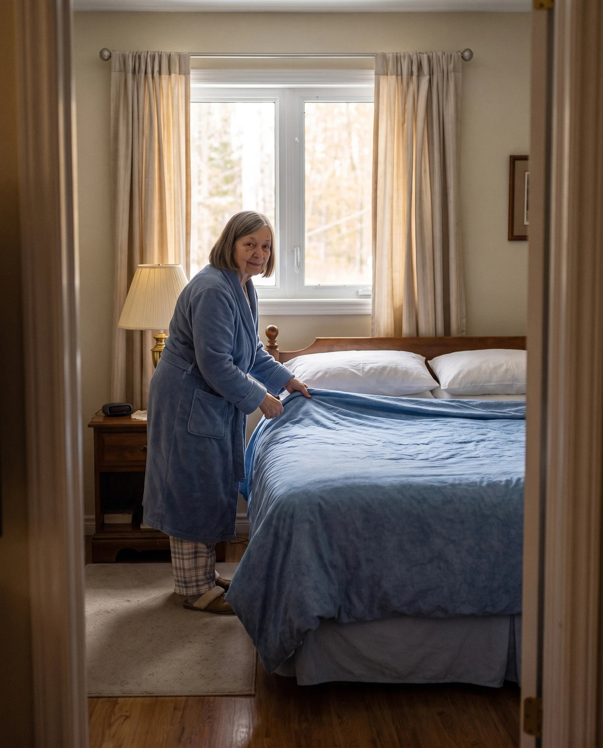 Le matin, elle fait le lit dans lequel elle vient de dormir, ses deux oreillers à la tête du lit
