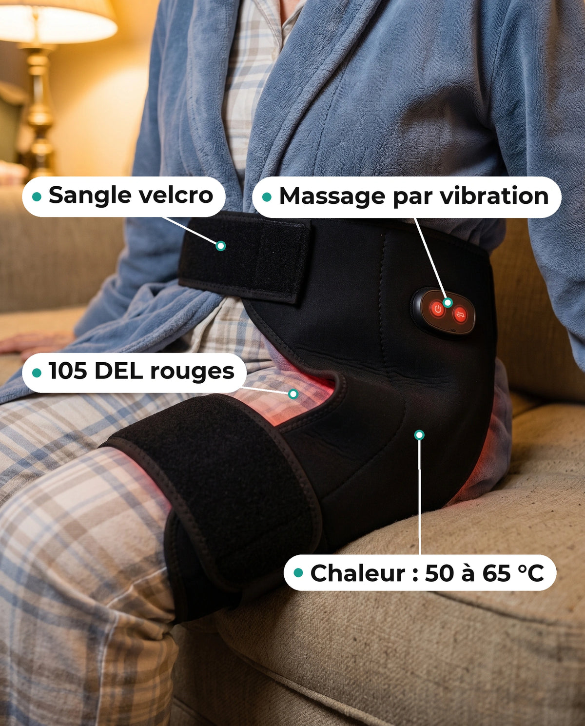 Le masseur de hanche 4-en-1 porté sur la hanche et la fesse par-dessus un pyjama mince : sangle velcro, massage par vibration, 105 DEL rouges, chaleur de 50 à 65 °C