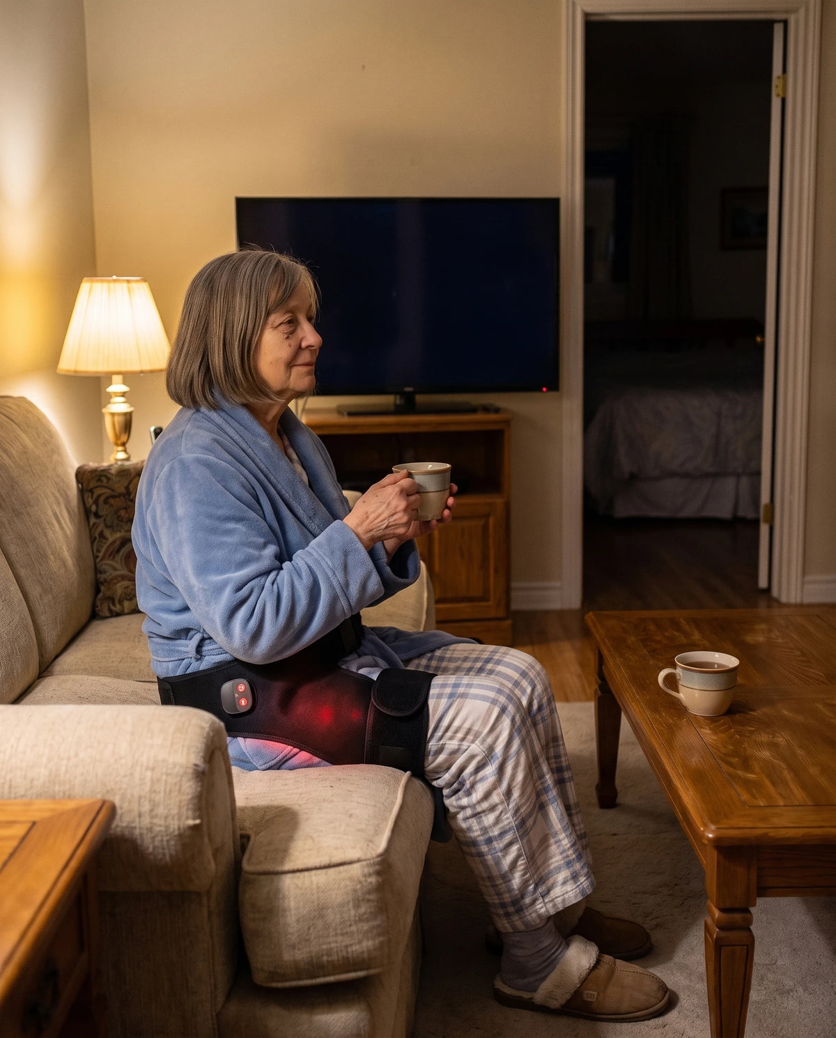 Le soir, assise sur son sofa avec une tasse de thé, elle porte le masseur sur la hanche par-dessus son pyjama