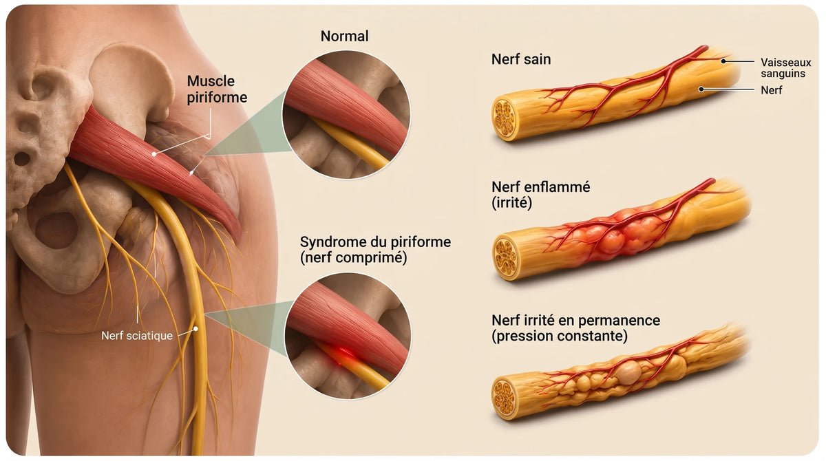 Le muscle piriforme et le nerf sciatique : nerf sain, nerf écrasé par le piriforme
