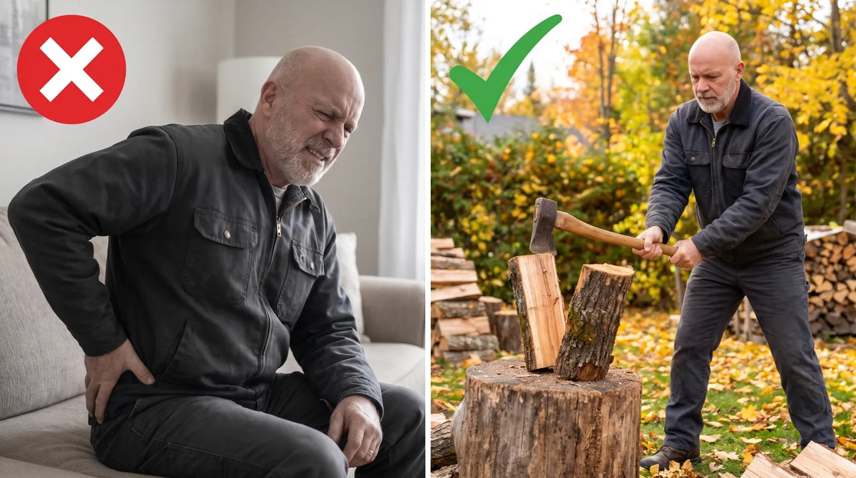 Réjean, avant : la douleur à la hanche. Après : il refend son bois