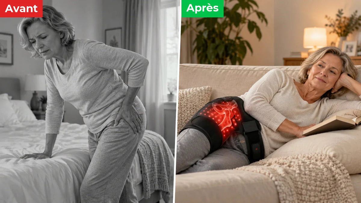 Avant : une femme pliée par la douleur à la hanche ; après : détendue au salon avec le masseur sur la hanche