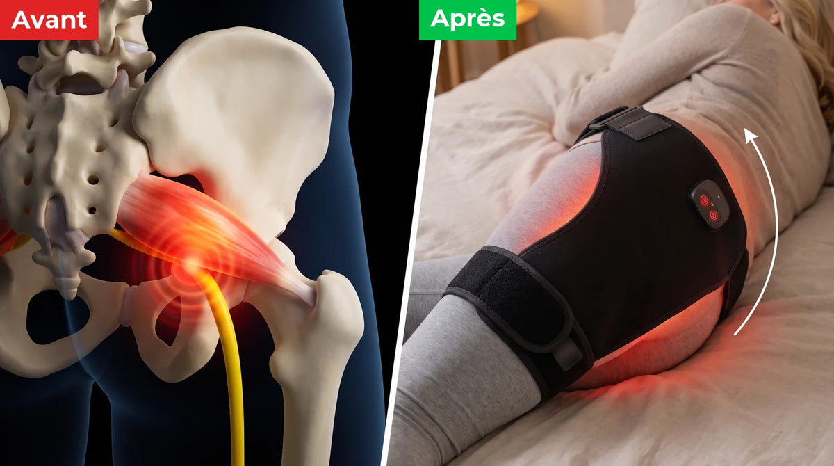 Avant : le piriforme enflammé qui écrase le nerf sciatique ; après : le masseur de hanche 4-en-1 posé sur la hanche