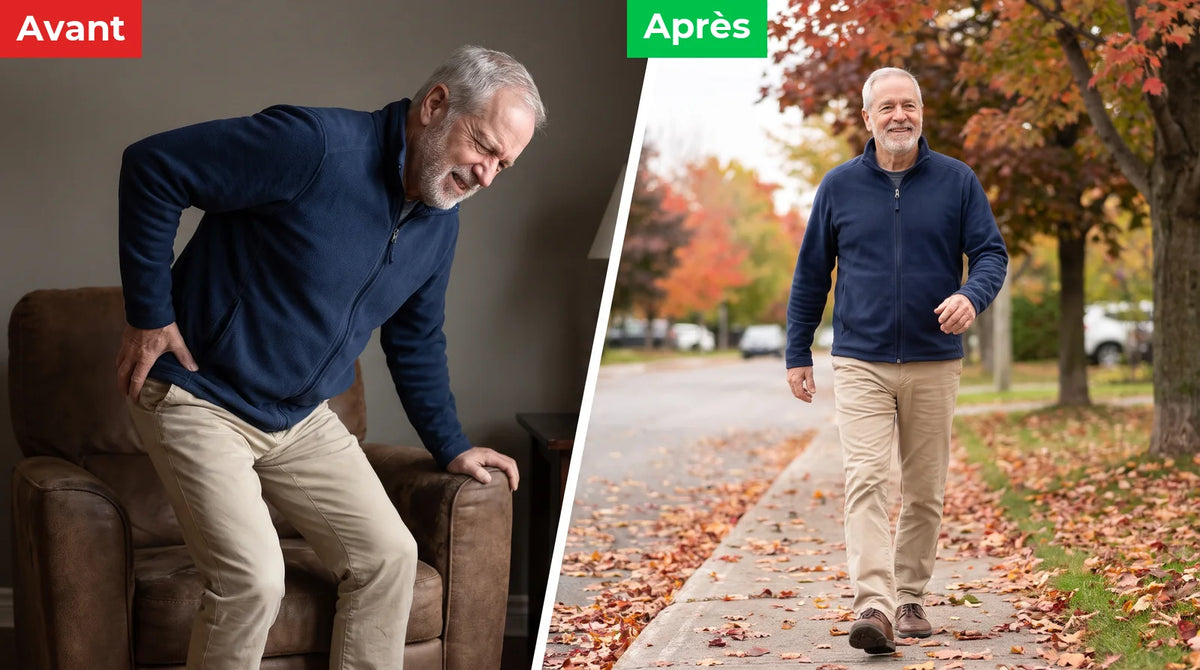 Avant : un homme qui se lève du fauteuil en se tenant la hanche ; après : le même homme qui marche dehors, l'automne