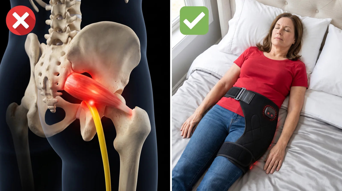 À gauche, le piriforme enflammé qui serre le nerf sciatique ; à droite, une femme détendue avec le masseur de hanche 4-en-1