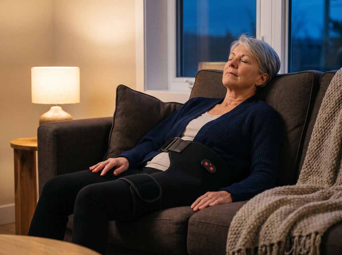 Une femme d'environ 68 ans calée au fond de son divan le soir, les yeux fermés, le masseur de hanche attaché sur la hanche par-dessus son pantalon