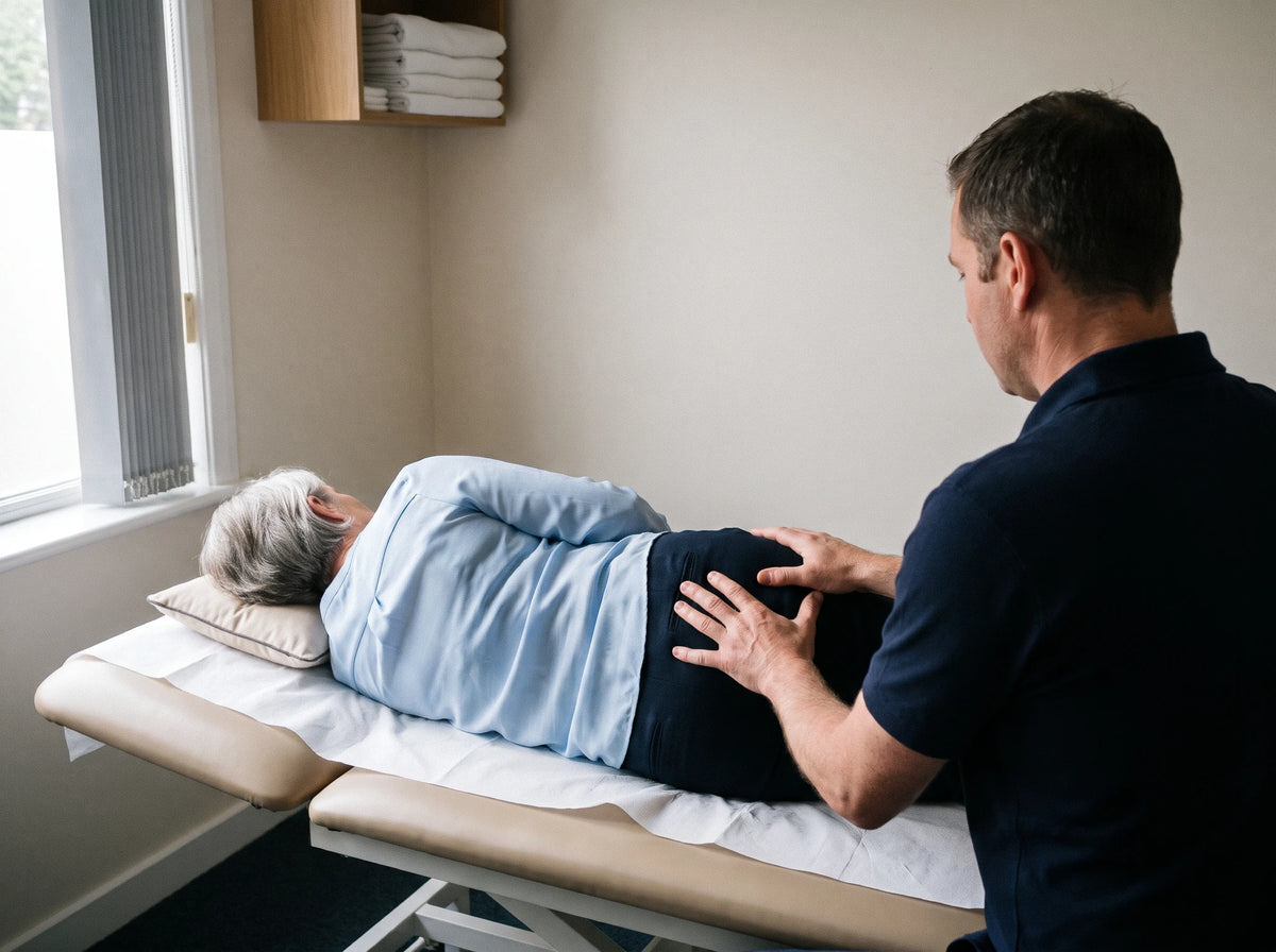 Une femme d'environ 70 ans couchée sur le côté sur une table de physiothérapie, le physiothérapeute en polo qui lui travaille la hanche