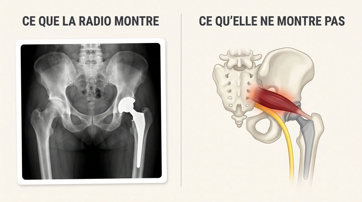 À gauche, la radiographie d'une prothèse de hanche bien posée. À droite, le muscle piriforme serré sur le nerf sciatique