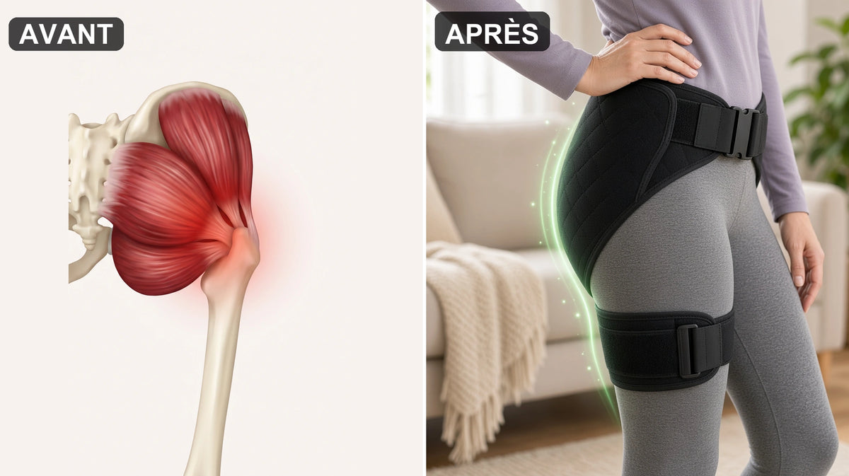Avant : les muscles de la hanche crispés en rouge. Après : l'appareil porté sur la hanche