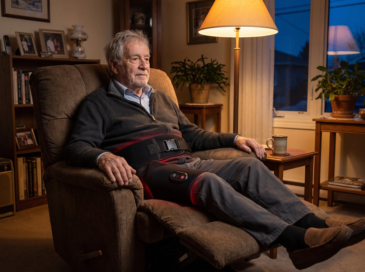 Le Masseur de hanche 4-en-1 Verudia porté par-dessus le pantalon, le soir, dans un fauteuil