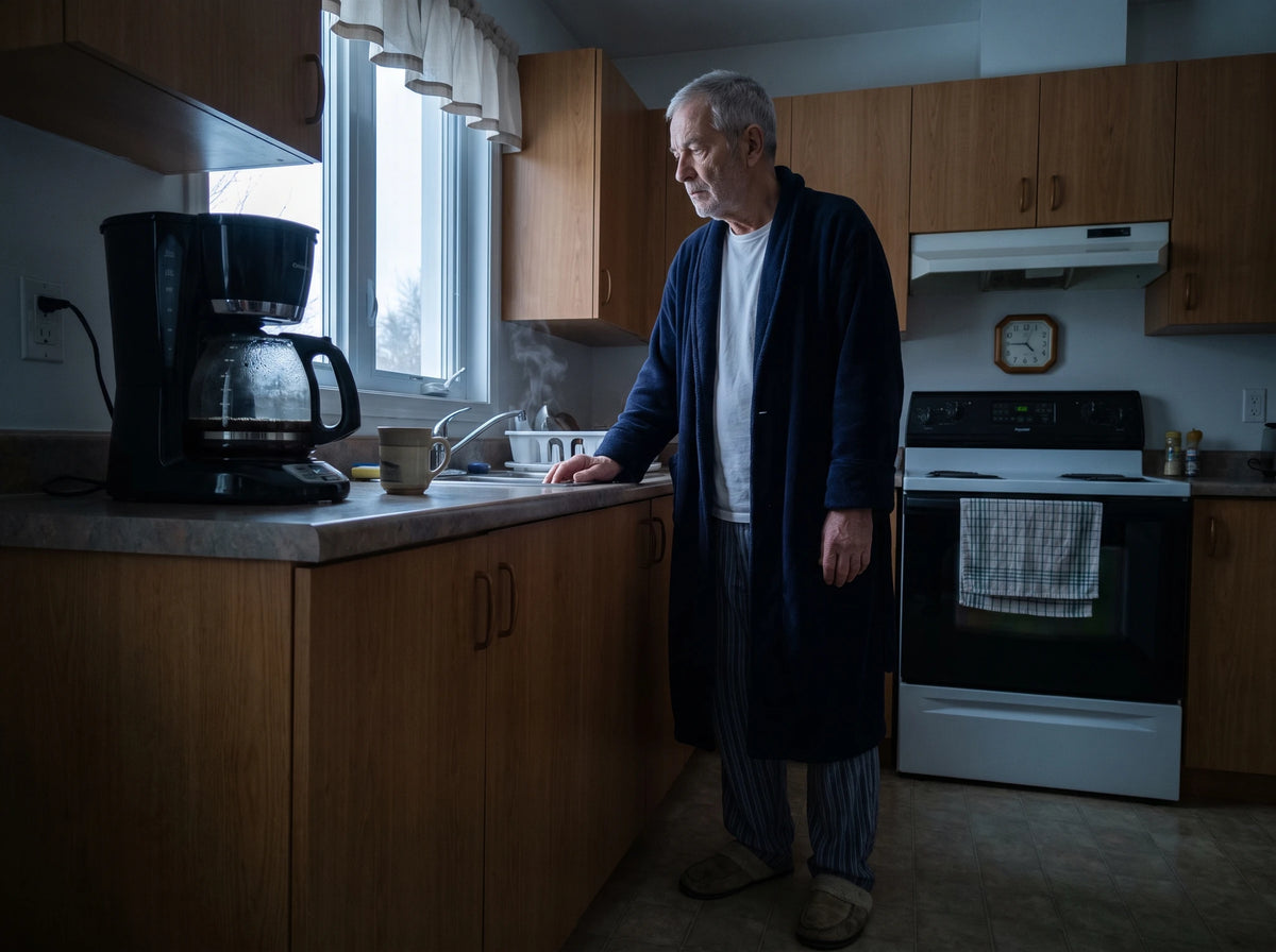 Un homme de 71 ans en robe de chambre, une main à plat sur le comptoir de sa cuisine, au petit matin