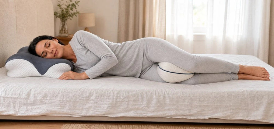 Femme endormie sur le côté, l'oreiller cervical Verudia sous la tête et le coussin de genoux entre les genoux