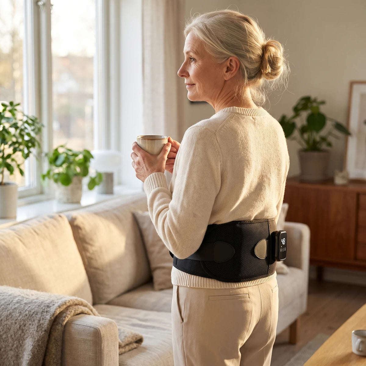 Femme qui porte la ceinture chauffante sur le bas du dos, chez elle