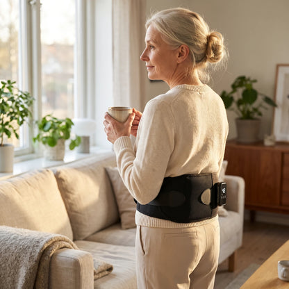 Femme qui porte la ceinture chauffante sur le bas du dos, chez elle