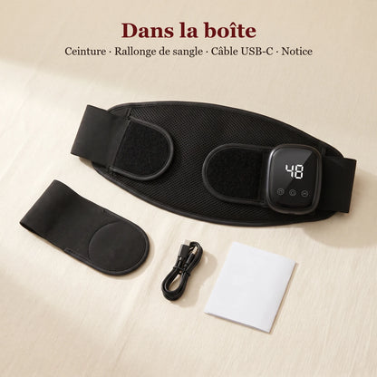 Dans la boîte : la ceinture, la rallonge de sangle, le câble USB-C et la notice