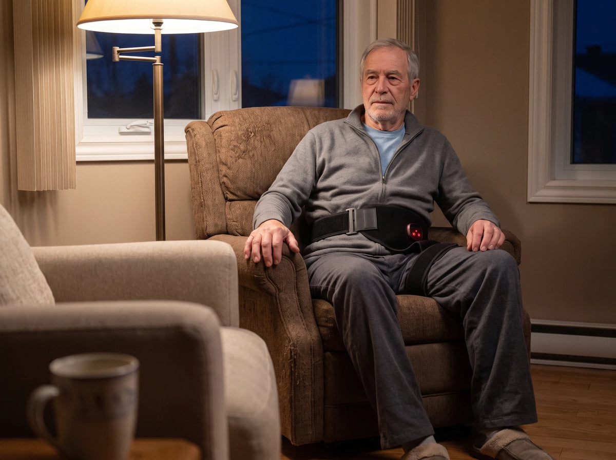 Le Masseur de hanche 4-en-1 Verudia porté par-dessus le pantalon, le soir, dans le fauteuil du salon