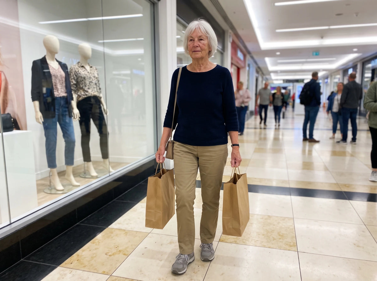 Dans l'allée d'un centre d'achats, un sac dans chaque main