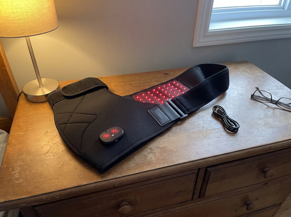 Le masseur de hanche 4-en-1 Verudia, sorti du tiroir, posé sur la commode avec son câble de recharge