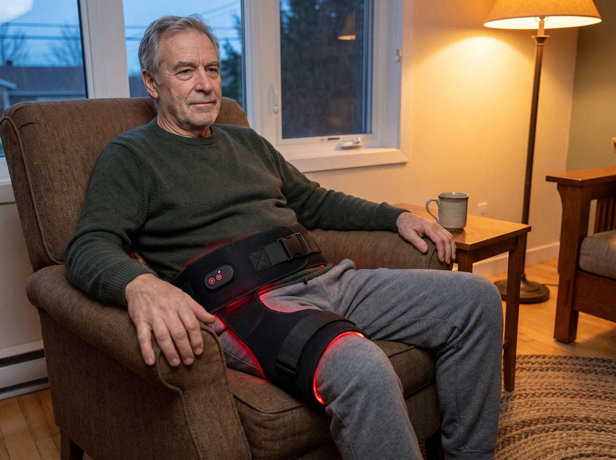 Le masseur de hanche 4-en-1 Verudia, porté par-dessus un pantalon de jogging, le soir, dans le fauteuil du salon