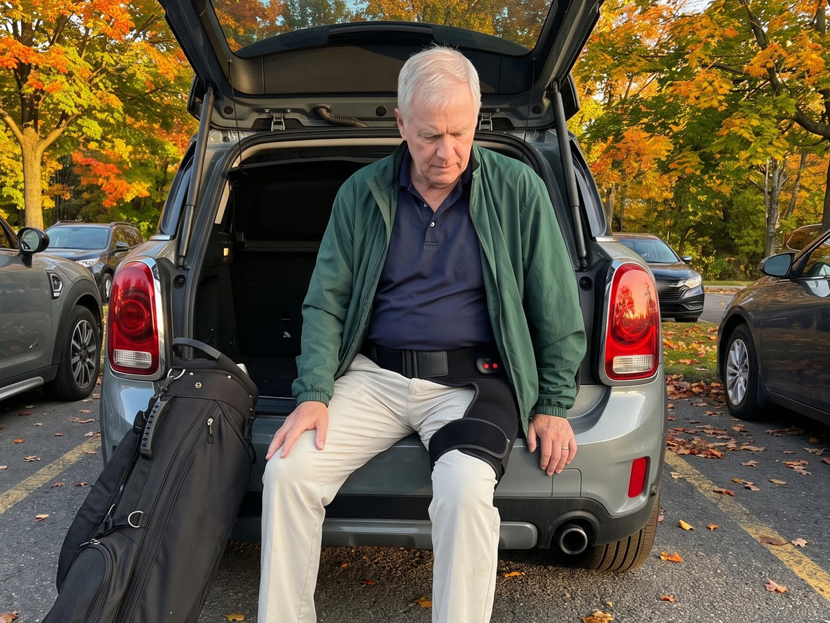 Après sa partie, assis sur le rebord du coffre, les souliers de golf encore aux pieds, un appareil noir sanglé sur la hanche par-dessus son pantalon