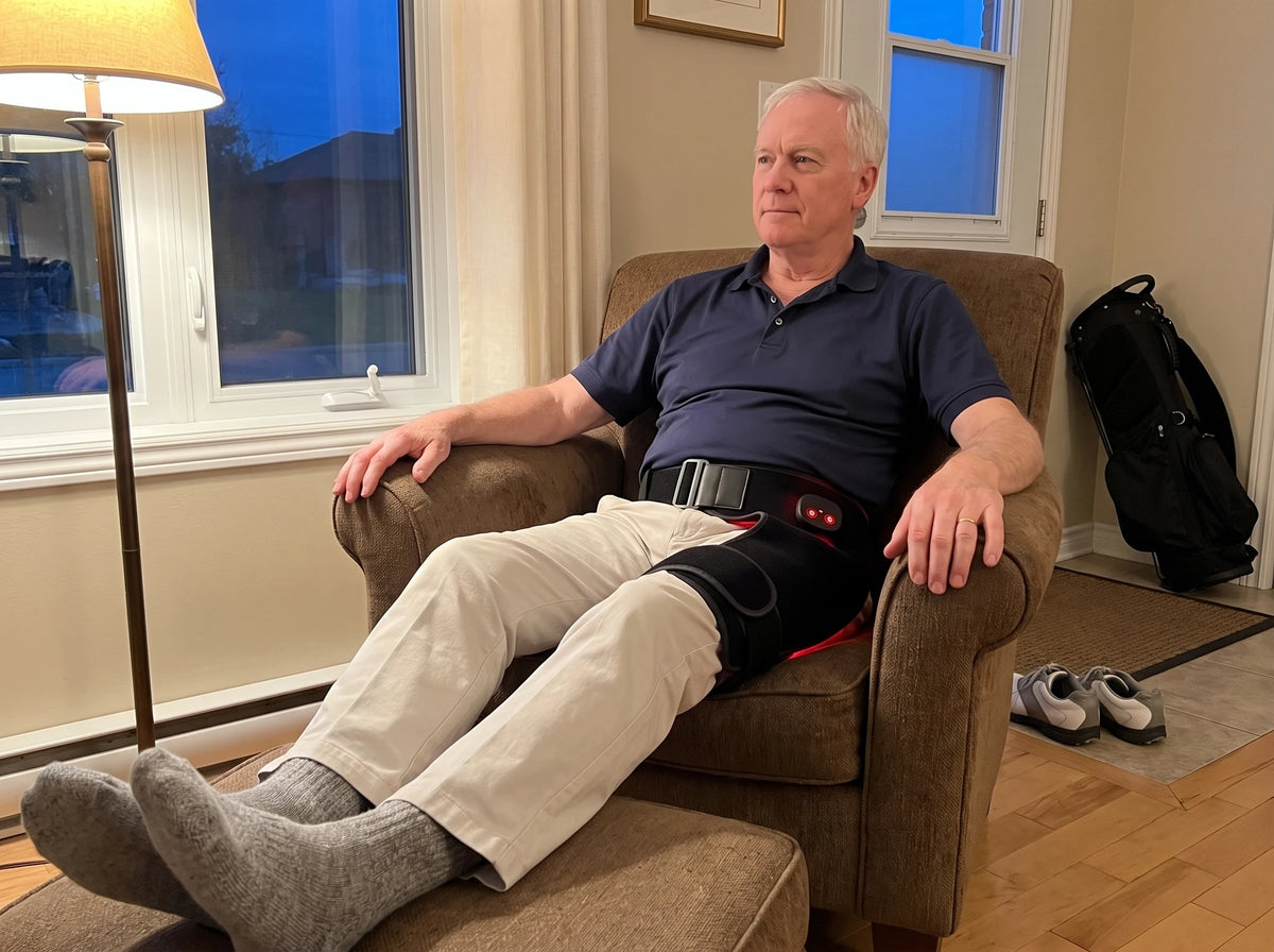 Le soir de sa partie, dans son fauteuil, le Masseur de hanche 4-en-1 Verudia attaché par-dessus le pantalon, le sac de golf et les souliers près de la porte