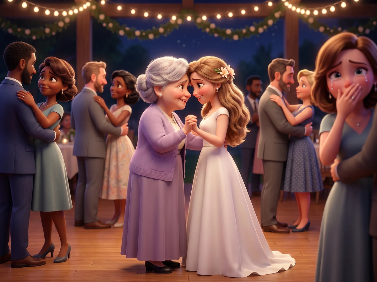 Au mariage, elle danse un slow avec sa petite-fille en robe de mariée, leurs fronts collés ; au bord de la piste, sa fille, la main sur la bouche