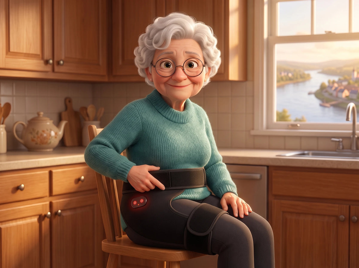 Louise, assise de côté sur sa chaise de cuisine, porte l'appareil sur la hanche par-dessus son legging, la sangle velcro serrée