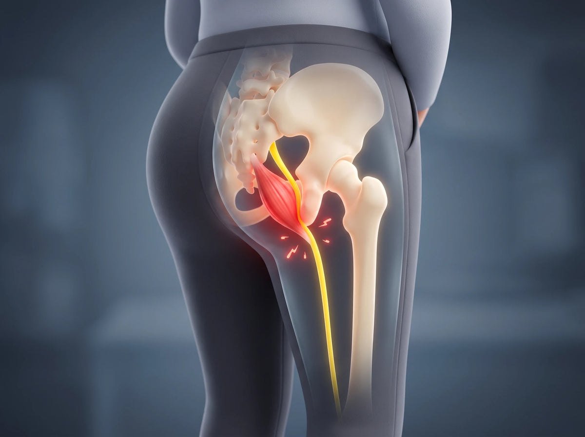 Vue 3D : au fond de la fesse, un petit muscle rouge crispé serre le nerf jaune