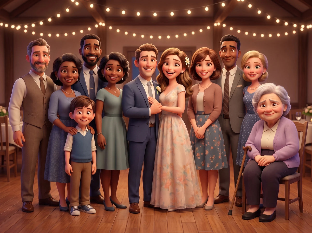 La photo de famille au souper de fiançailles : tout le monde debout, elle seule assise, au bout