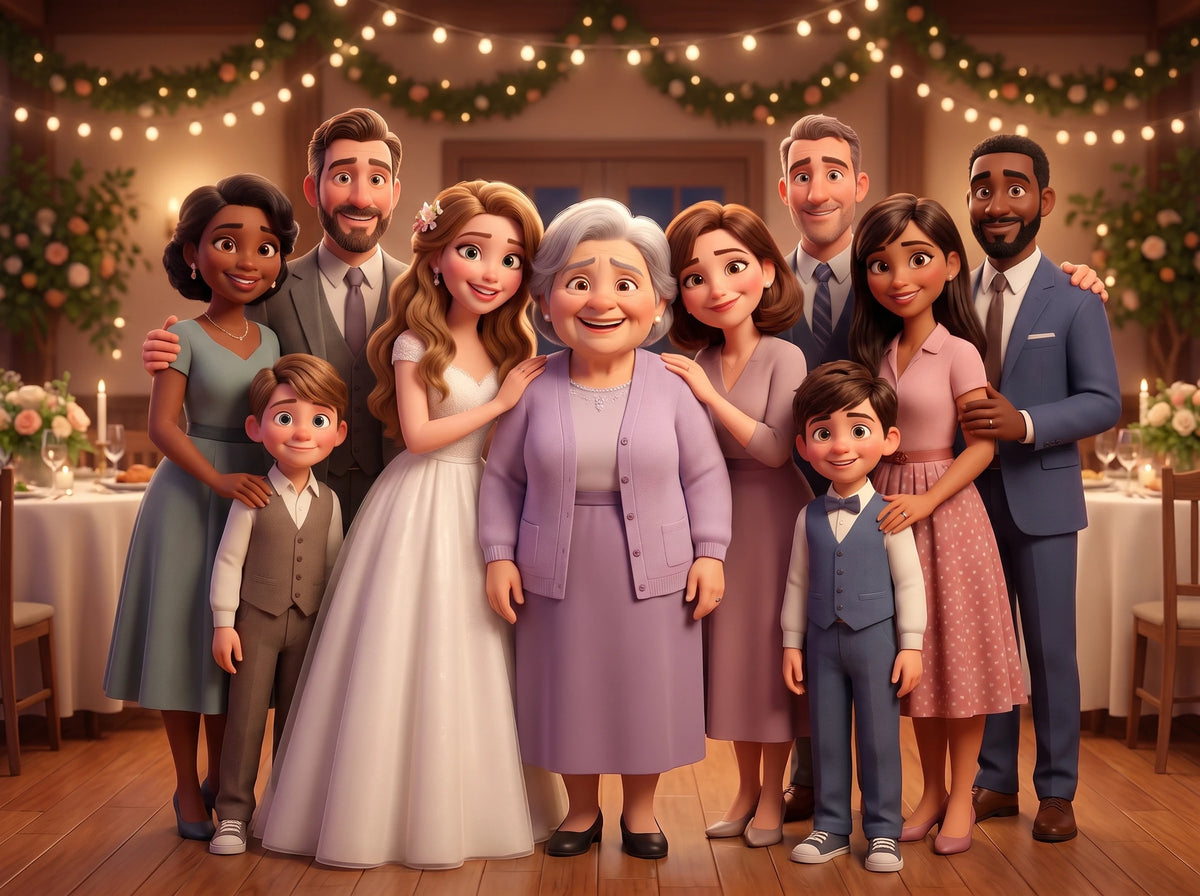 La photo de famille du mariage : tout le monde debout, elle au milieu, debout, le bras de la mariée autour des épaules